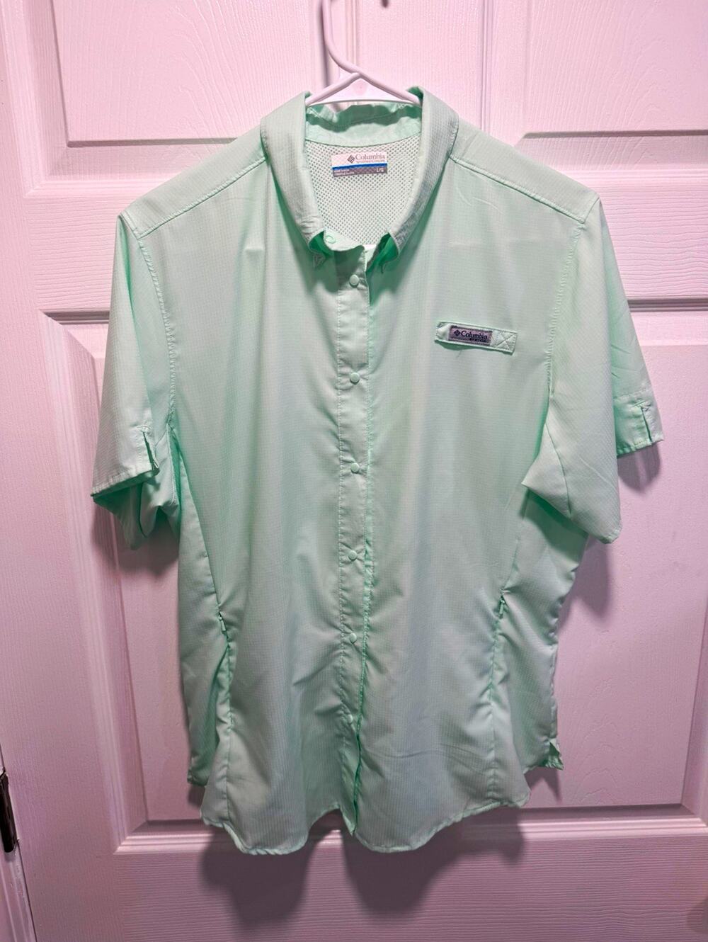 Columbia PFG Women's large Mint Green Button-Up Fishing Shirt Breathable Vent